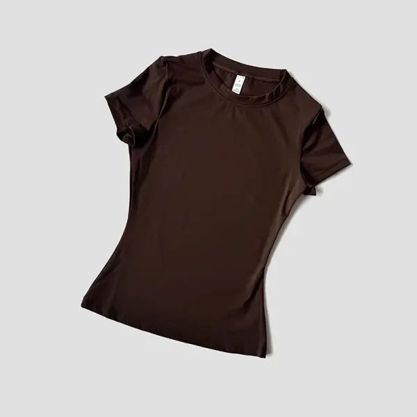 Women’s Seamless Yoga Sport T-Shirt: Short Sleeve Fitness Gym Top & Running Activewear - Coffee / L
