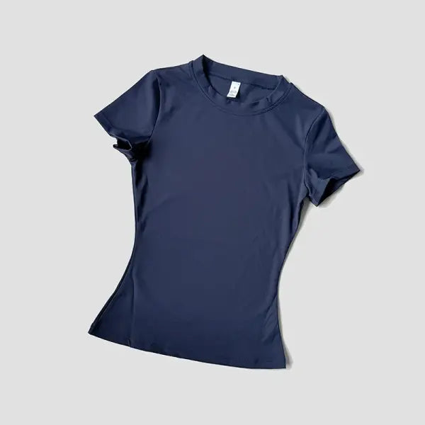 Women’s Seamless Yoga Sport T-Shirt: Short Sleeve Fitness Gym Top & Running Activewear - Navy / L