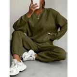 Fall Fashion Cable Knit Sweatsuit Polyester Lounge Set - army green / M / United States