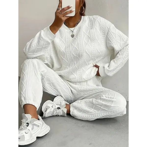 Fall Fashion Cable Knit Sweatsuit Polyester Lounge Set - WHITE / XL / United States