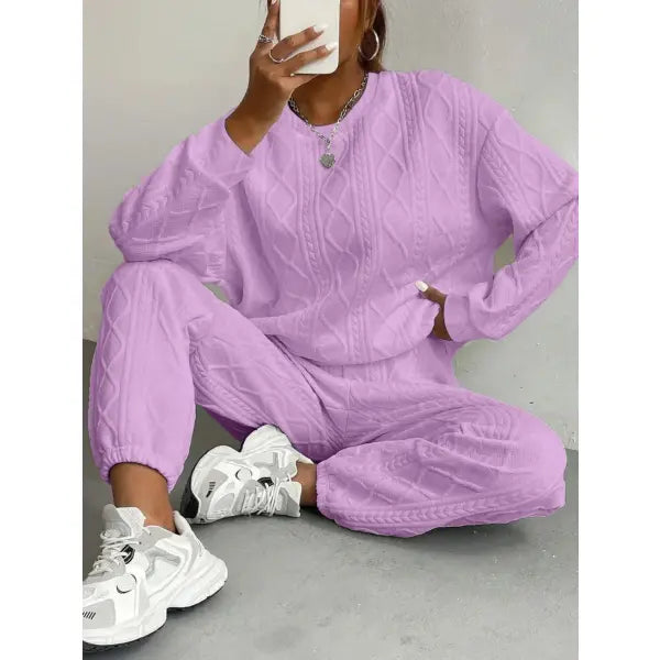 Fall Fashion Cable Knit Sweatsuit Polyester Lounge Set - PURPLE / S / United States
