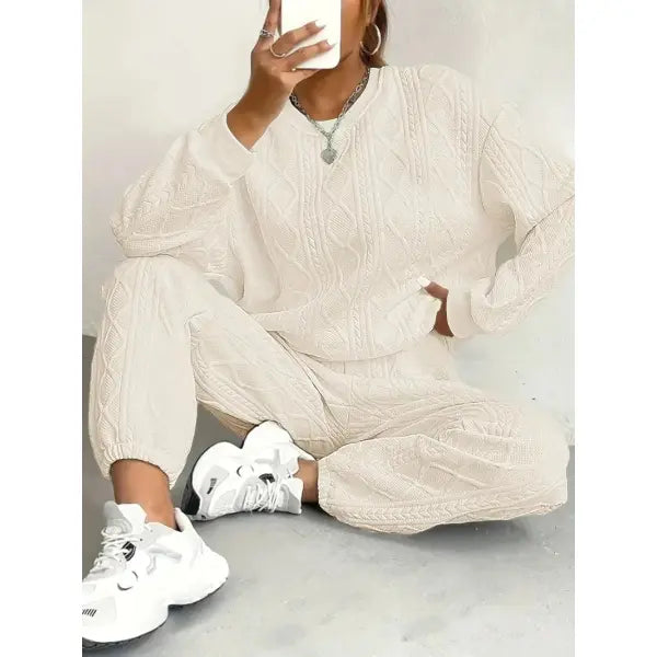 Fall Fashion Cable Knit Sweatsuit Polyester Lounge Set - Ivory / XXL / United States
