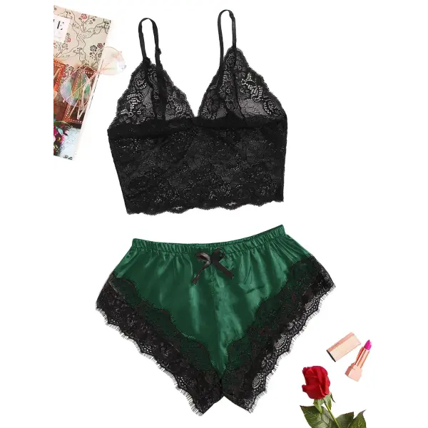 Women’s 2 Piece Sexy Lace Pajama Set See-Through Bralette Cami Top and Shorts Breathable Sleepwear Plus Size Summer