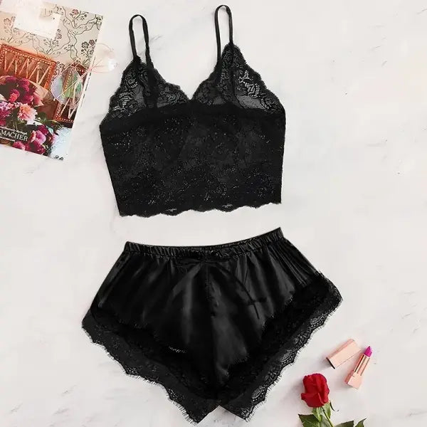Women’s 2 Piece Sexy Lace Pajama Set See-Through Bralette Cami Top and Shorts Breathable Sleepwear Plus Size Summer