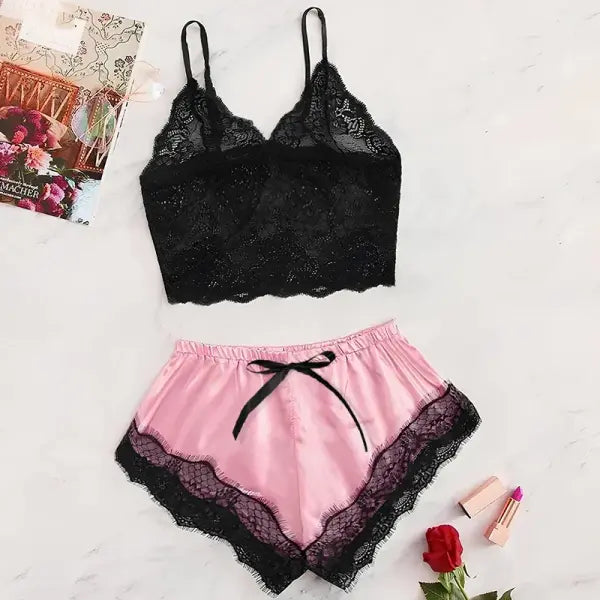 Women’s 2 Piece Sexy Lace Pajama Set See-Through Bralette Cami Top and Shorts Breathable Sleepwear Plus Size Summer