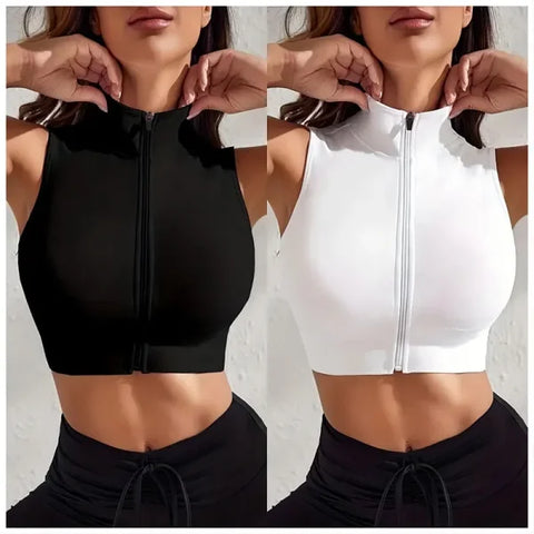 Women’s 2-Piece Zipper Yoga Set - Sexy Close-Fitting Breathable Workout Outfit - M / Black white
