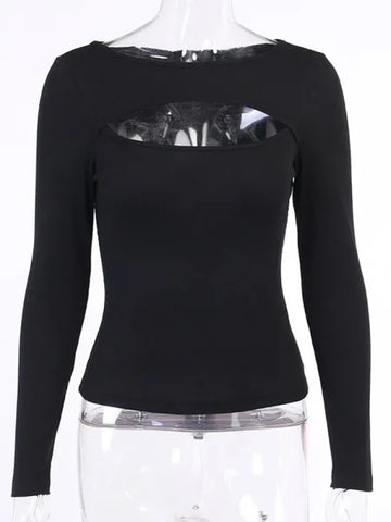 Women’s Autumn Hollow Out Long Sleeve T-Shirt - Slim Fit Knitted O-Neck Tee