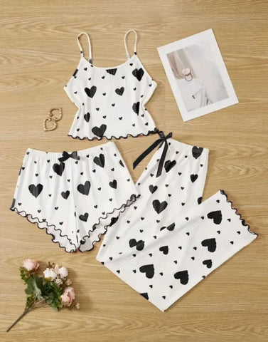 Women’s Autumn Winter Heart Print Sleepwear Set – Cami Top & Long Pants - 3pcs black / XL