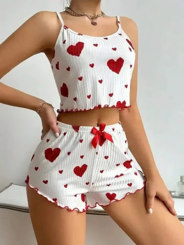 Women’s Autumn Winter Heart Print Sleepwear Set – Cami Top & Long Pants - red 2 / XL