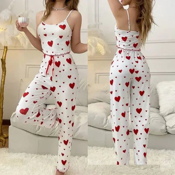 Women’s Autumn Winter Heart Print Sleepwear Set – Cami Top & Long Pants
