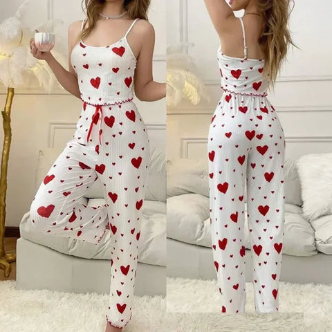 Women’s Autumn Winter Heart Print Sleepwear Set – Cami Top & Long Pants