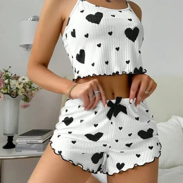 Women’s Autumn Winter Heart Print Sleepwear Set – Cami Top & Long Pants - black 2 / XL