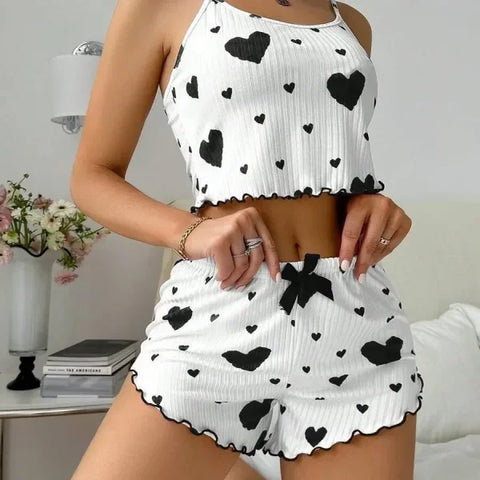 Women’s Autumn Winter Heart Print Sleepwear Set – Cami Top & Long Pants - black 2 / XL