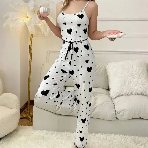 Women’s Autumn Winter Heart Print Sleepwear Set – Cami Top & Long Pants - Black / S