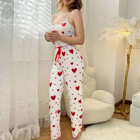 Women’s Autumn Winter Heart Print Sleepwear Set – Cami Top & Long Pants
