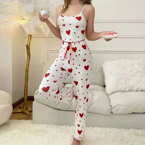 Women’s Autumn Winter Heart Print Sleepwear Set – Cami Top & Long Pants
