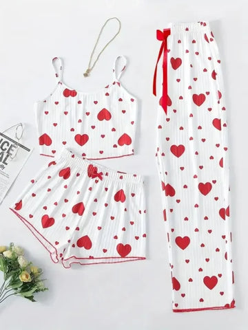 Women’s Autumn Winter Heart Print Sleepwear Set – Cami Top & Long Pants - 3pcs red / XL