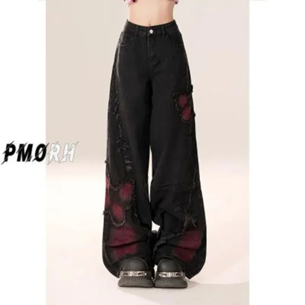 Women’s Baggy Y2K Jeans - High Waist Vintage Embroidered Denim - Himpall
