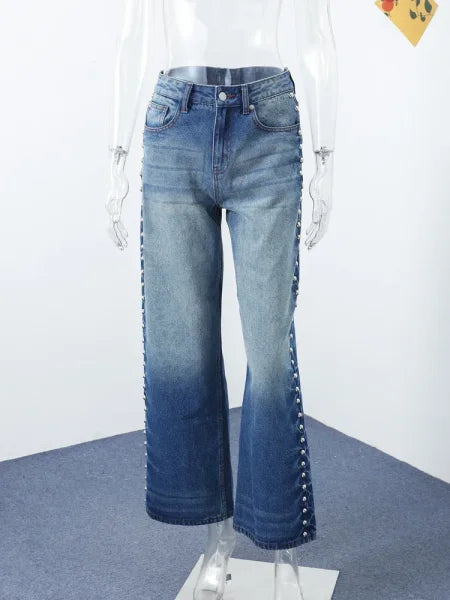 Women’s Beaded High Waist Loose Denim Jeans – Y2K Street Style 2025