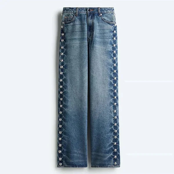 Women’s Beaded High Waist Loose Denim Jeans – Y2K Street Style 2025 - 01 blue / XS