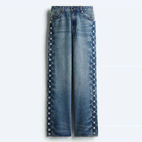 Women’s Beaded High Waist Loose Denim Jeans – Y2K Street Style 2025 - 01 blue / XS