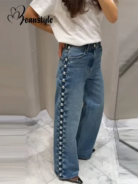 Women’s Beaded High Waist Loose Denim Jeans – Y2K Street Style 2025
