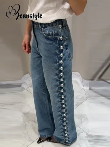 Women’s Beaded High Waist Loose Denim Jeans – Y2K Street Style 2025