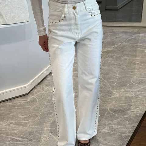 Women’s Beaded High Waist Loose Denim Jeans – Y2K Street Style 2025 - 02 white / S