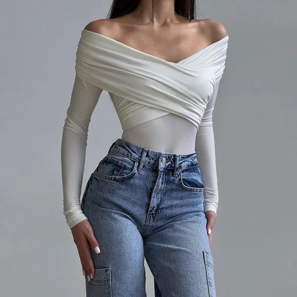 Women’s Black Backless Bodysuit – Slim Fit Long Sleeve Corset Style - S / White
