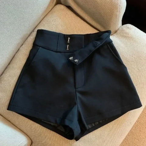 Women’s Black High Waisted Shorts – Harajuku Elegance A-Line Slim Casual Pants - Himpall