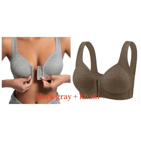 Women’s Bra Wire-Free Front Closure Solid Color Full Coverage Fixed Cups More Considerate for Middle-Aged And Elderly