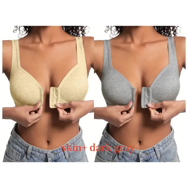Women’s Bra Wire-Free Front Closure Solid Color Full Coverage Fixed Cups More Considerate for Middle-Aged And Elderly