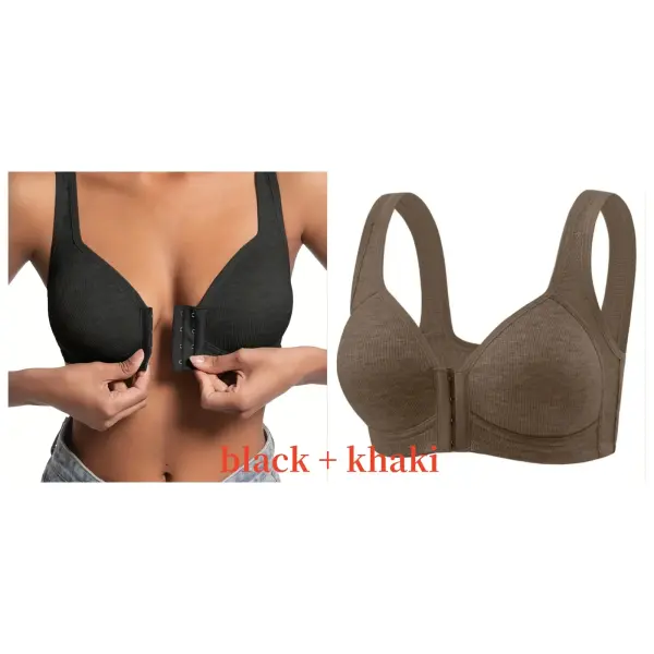 Women’s Bra Wire-Free Front Closure Solid Color Full Coverage Fixed Cups More Considerate for Middle-Aged And Elderly