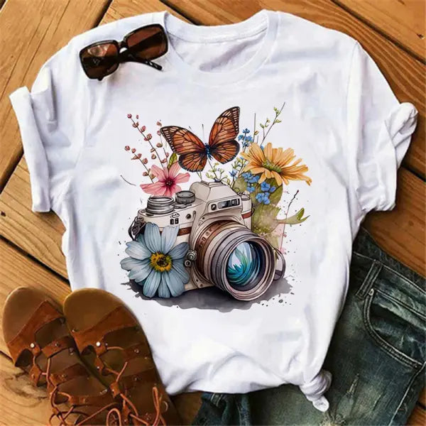 Women’s Butterfly Tree Print Harajuku T-Shirt Round Neck Top Short Sleeve Casual Summer Tee Shirt - 8023 / XL