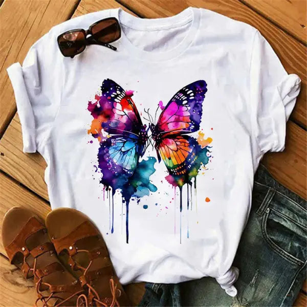 Women’s Butterfly Tree Print Harajuku T-Shirt Round Neck Top Short Sleeve Casual Summer Tee Shirt - 8018 / M