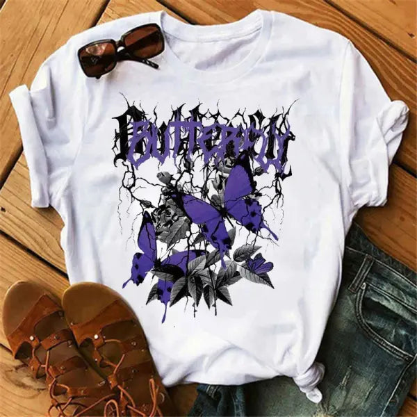 Women’s Butterfly Tree Print Harajuku T-Shirt Round Neck Top Short Sleeve Casual Summer Tee Shirt - 8019 / XL
