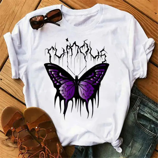 Women’s Butterfly Tree Print Harajuku T-Shirt Round Neck Top Short Sleeve Casual Summer Tee Shirt - 8022 / XS