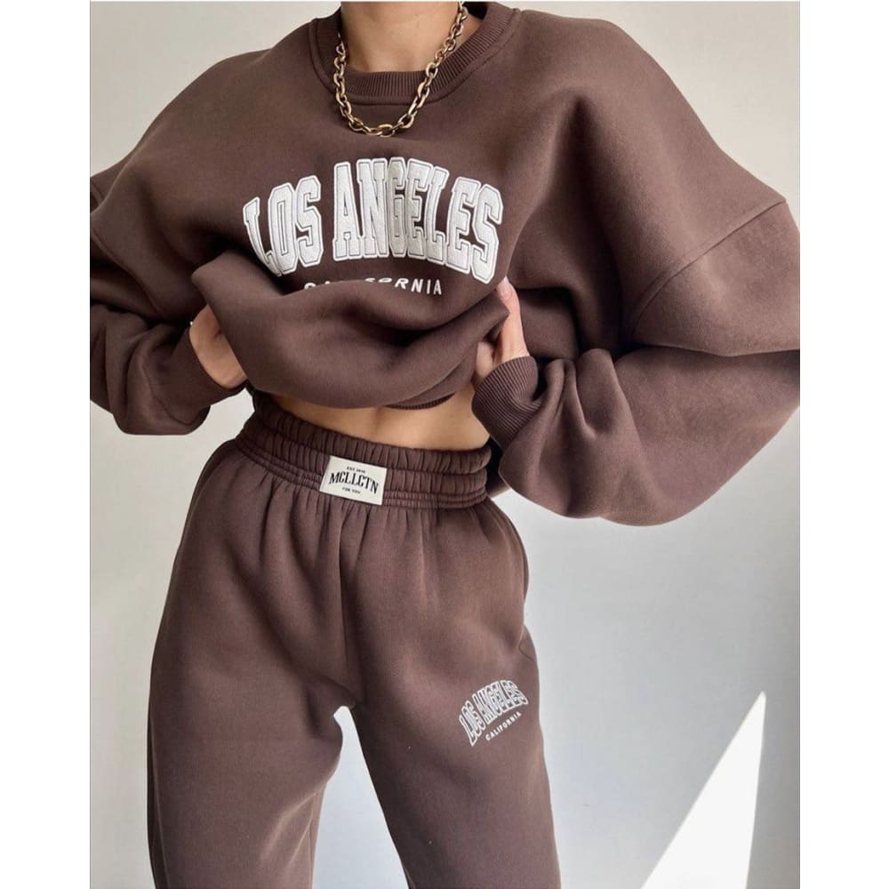 Women’s Casual Printed Letter Sweater Sports Suit - Coffee / L