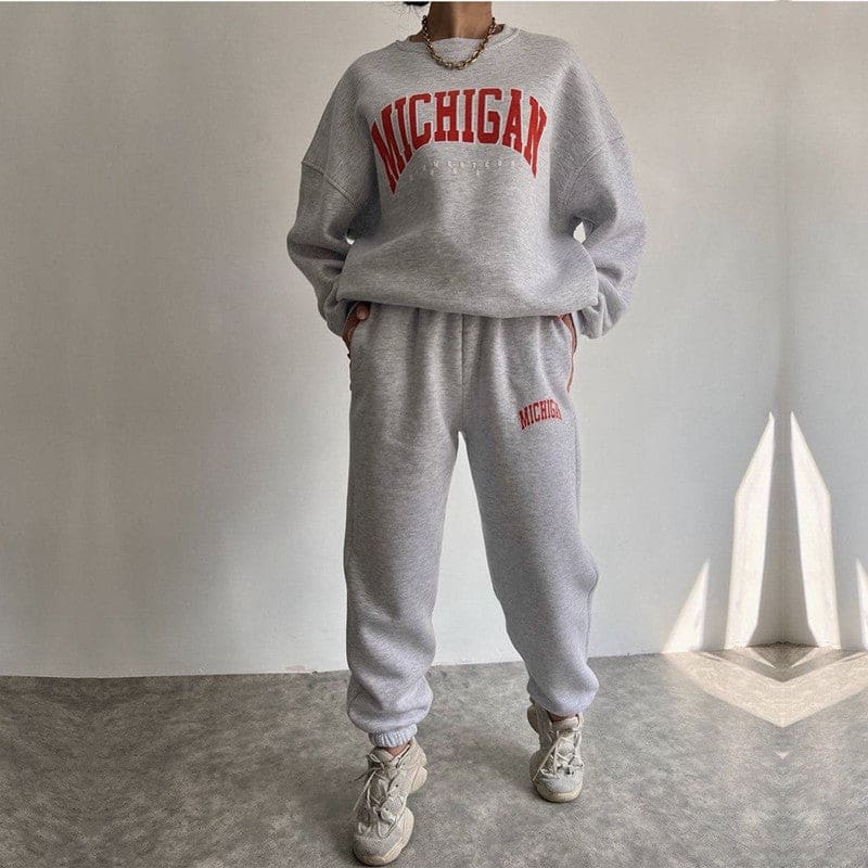 Women’s Casual Printed Letter Sweater Sports Suit - Grey / L