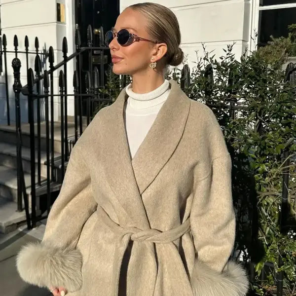 Women’s Solid Woolen Lapel Coat – Lace-Up Single Breasted Loose Fit Jacket with Pockets High Street Style - Blue / L