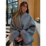 Women’s Solid Woolen Lapel Coat – Lace-Up Single Breasted Loose Fit Jacket with Pockets High Street Style