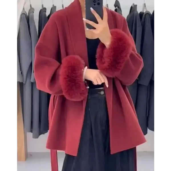 Women’s Solid Woolen Lapel Coat – Lace-Up Single Breasted Loose Fit Jacket with Pockets High Street Style - SKY BLUE / S