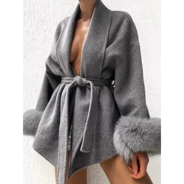 Women’s Solid Woolen Lapel Coat – Lace-Up Single Breasted Loose Fit Jacket with Pockets High Street Style