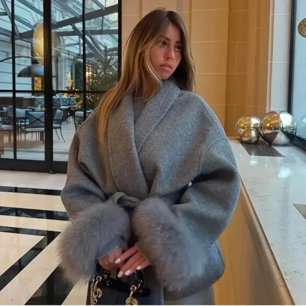 Women’s Solid Woolen Lapel Coat – Lace-Up Single Breasted Loose Fit Jacket with Pockets High Street Style - Grey / L