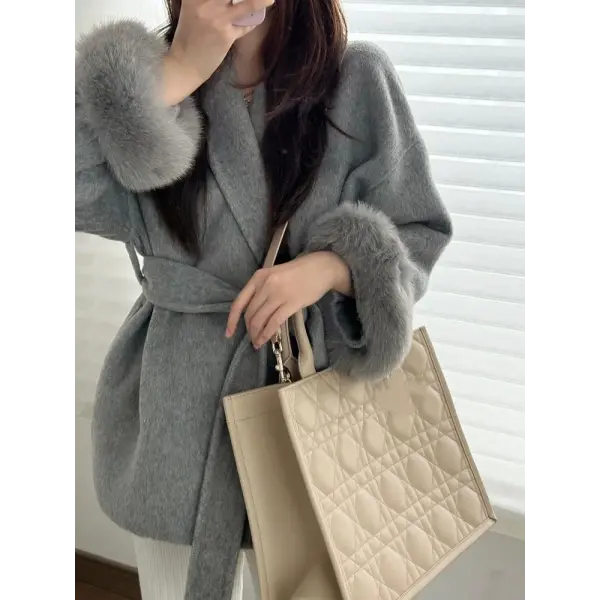 Women’s Solid Woolen Lapel Coat – Lace-Up Single Breasted Loose Fit Jacket with Pockets High Street Style