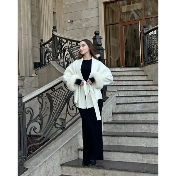 Women’s Solid Woolen Lapel Coat – Lace-Up Single Breasted Loose Fit Jacket with Pockets High Street Style - Brown / S