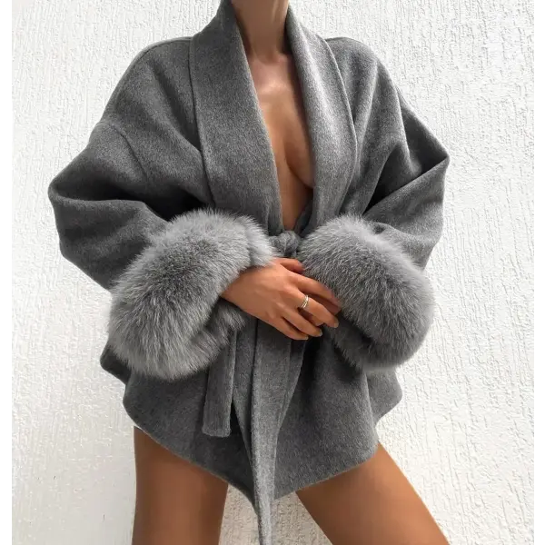 Women’s Solid Woolen Lapel Coat – Lace-Up Single Breasted Loose Fit Jacket with Pockets High Street Style