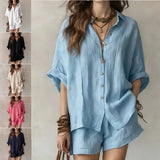 Women’s Casual Two-Piece Set Short-Sleeved Cotton Summer Holiday Outfit - None