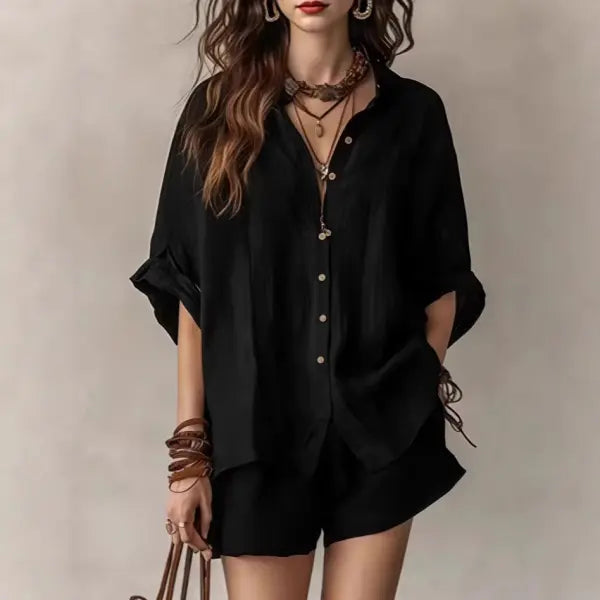 Women’s Casual Two-Piece Set Short-Sleeved Cotton Summer Holiday Outfit - None