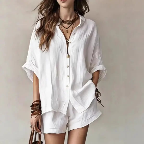 Women’s Casual Two-Piece Set Short-Sleeved Cotton Summer Holiday Outfit - None